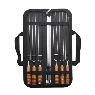 Outdoor Barbecue Tools Set Utensils Manufacturers' Stainless Steel Fork Wooden Handle Double Skewer Stick Roast BBQ