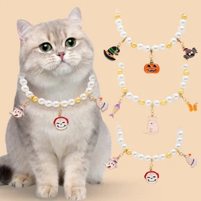 Factory DIY Wholesale Pet Necklace Halloween cat Dog Cartoon Collar Ornaments Pendant Pearl Necklace
