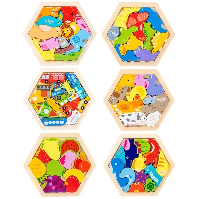 Cartoon Animals Kids Geometric Logic Thinking Eco-friendly Educational DIY Toy Creative Hexagon Wooden Puzzle