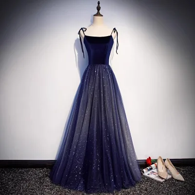 High-end Style Strappy Student Gradient Starry Vocal Art Examination Performance Blue Evening Dresses