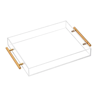 Luxury Rectangle Acrylic Tray Clear Vanity Serving Tray with Gold Handles Coffee Table Ottoman Bathroom Organizer Decor