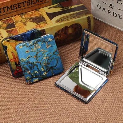 Art Deco Design Metal Frame Custom  Glass Pocket Mirror with 2X Magnification-Durable Travel Souvenir Gift