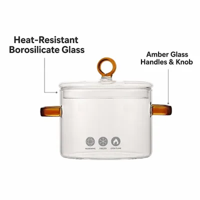 High Borosilicate Glass Cooking Pot Heat Resistant Amber Handles Glass Soup Pot Stovetop Safe Clear Glass Stew Pot for Home