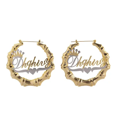 Fashion Double Color Bamboo Hoop Earrings Personalized Customize Name Big Earrings Bamboo Style Name Hoop Earrings