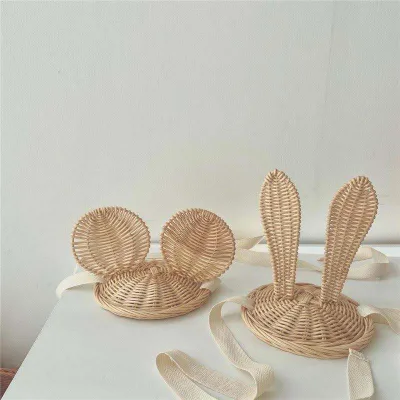 Factory Custom Hand Woven Rattan Rabbit Ear Hat Children Toy Cute Wicker Mouse Hat with Ears