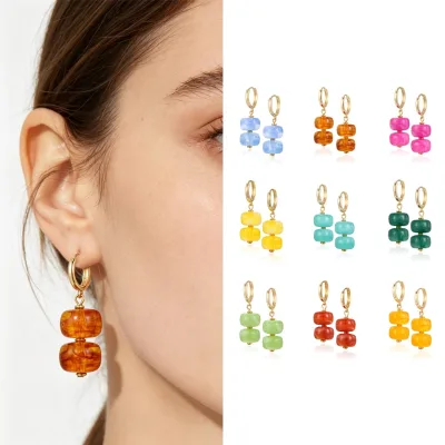 Hot Selling Colored Blending Texture Geometric Acrylic Resin Handmade Beaded Drop Earrings for Women Jewelry