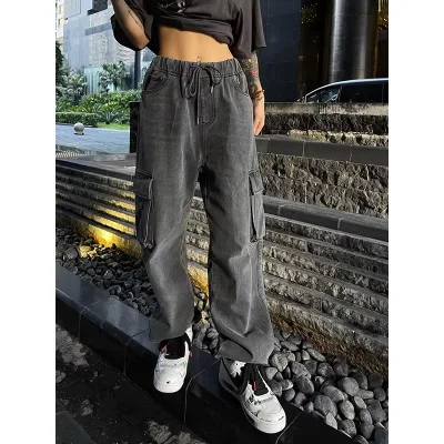 Drawstring Cargo Stack Trouser Streetwear Baggy Parachute Pants Women Sustainable Denim Cargo Pants Women