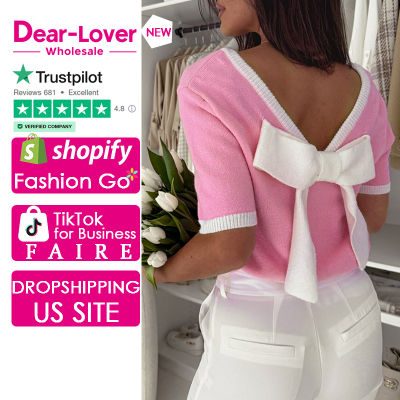 Dear-Lover New Arrivals Colorblock Bow V-Shape Cut Back Short Sleeve Knitted Sweater