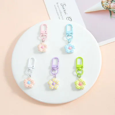 New Arrival Cute Plaid Flower Keychain with Snap Hook Fresh Style Bag Charm for DIY Accessories & Wholesale