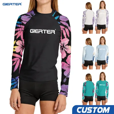 Custom Design Hawaii Flowers Print Girls Long Sleeve Rash Guard UPF50+ Quick Dry for Swim Training Beach Sports Swimwear