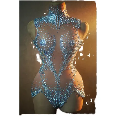 Exotic Ladies One Piece Jumpsuit Rhinestone Detail Bodycon Club Bodysuit for Festival Outfit Sexy Show Stripper Dancewear Solid