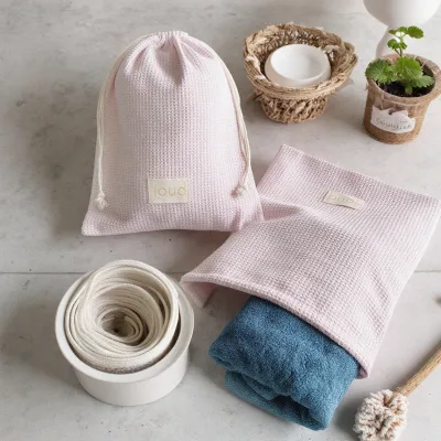 New Product Cotton Drawstring Skincare Pouch Bag Blank Waffle Towel Storage Bag for Picnics