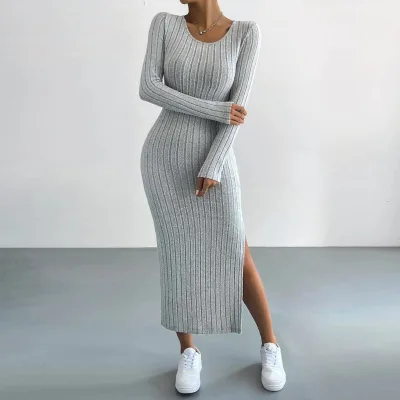Wholesale Spring Summer New Women's Casual Slim Long-sleeve Round Neck Slit Knitted Long Dress