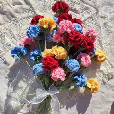 Hand-woven Carnation Artificial Crochet Knitted Flowers Handmade Crochet Flowers for Wedding Bouquet DIY Gifts