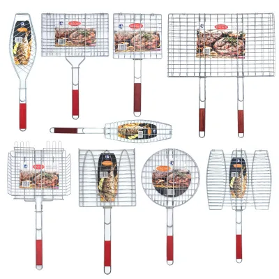 Metal Portable Folding With Wooden Handle BBQ Fish Vegetable Shrimp Steak Grill Basket For Outdoor Camping Picnic Party