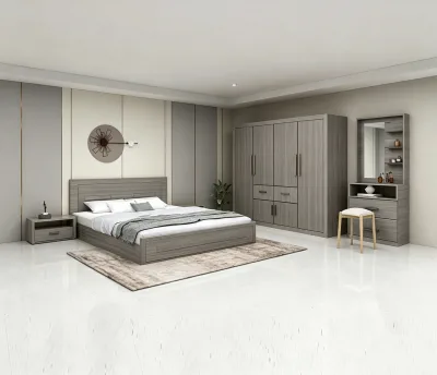 New Style Minimalist Melamine Light Grey Wood Grain Bedroom Set with Wardrobe & Dressing Unit for Apartment Guesthouse