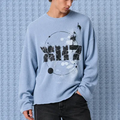 Y2K Streetwear Men Oversized Waffle Knit T-Shirt Graphic Printed Drop Shoulder Long Sleeve Heavyweight Thermal Waffle T Shirts