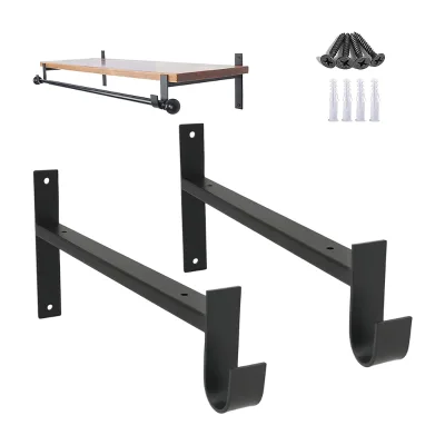 Heavy Duty Closet Rod Bracket Wall Mounted Shelf Support for Closet Rod Black Iron Shelving Support with Hook