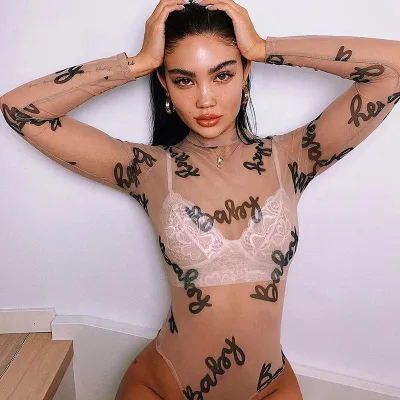 Private Label Custom Sexy Print Long Sleeve See Though Mesh Bodycon Bodysuit for Women