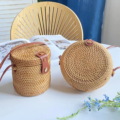 Wholesale Woven Round Natural Straw Rattan Shoulder Bag for Women 100% Natural Rattan Bamboo Woven Handmade Shoulder Bags