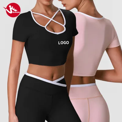 Customized Manufacturer Low MOQ Western Style Backless Butt Lift Sports Athletic Yoga Workout Gym Short Sleeve Crop Top