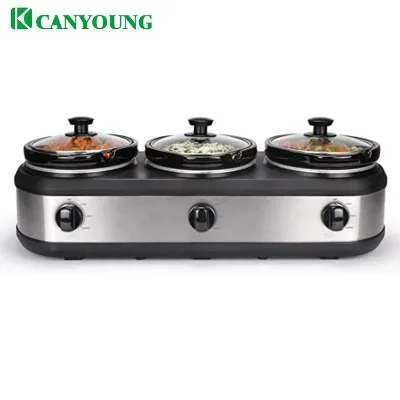 1.5 Quart Triple Slow Cooker Upgrade and Buffet Server, Small Mini Slow Cooker with 3 Ceramic Cooking Pots and Glass Lids Spoons