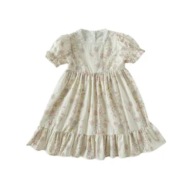 Summer Kids Clothes Dress Elegant Floral Print square Neck Girl Dress Lace Short Sleeve Children's Cake Dress for Baby Girl