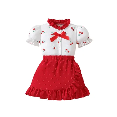 2026 New Style Baby and Child Cute Cherry Patterned Top + Lotus Leaf Patched A-shaped Skirt Set - Two Sets