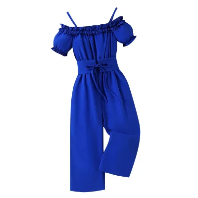 2024 Summer Girls Clothing New Fashion Breathable Solid Color Suspender Shoulder Puff Sleeve Waist Bodysuits Jumpsuits