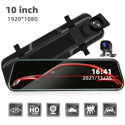 10-inch In-Car Streaming Dash Cam HD 1080P Dual-Lens Rearview Mirror Recorder Car Black Box Night Vision 170 Wide-Angle Motion