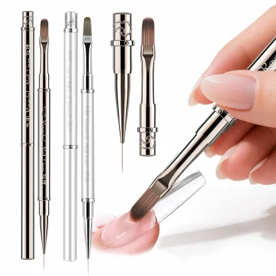 Cross-border Nail Art Dual-Head Metal Handle Long Pole Builder/Modeling Brush Set for UV Gel Application & Shaping