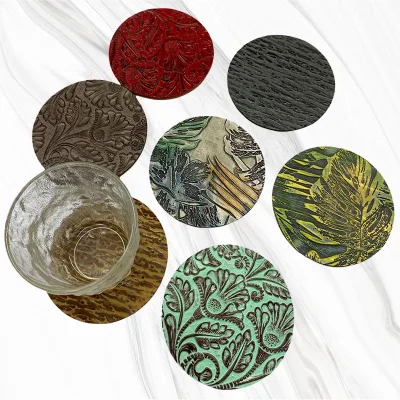 Double Stickers Head Layer Vegetable Tanned Cowhide Coaster Tang Cao Pattern Chinese Art Decor Heat Insulation Non-slip 11cm