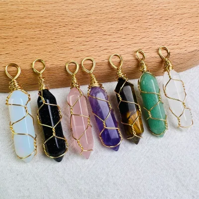 Wholesale Gold wrapped crystal point pendant Crystal Column Pendants Double Terminated Nature Stone Pendant