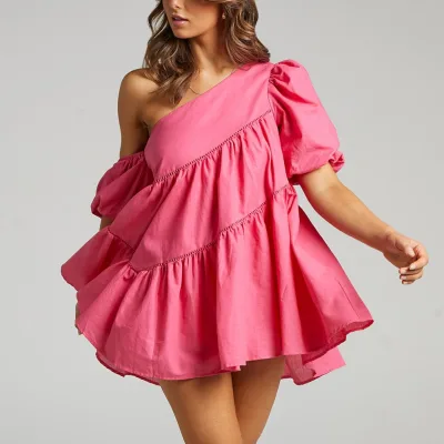 European and American Summer Women's Casual Loose Off-Shoulder Puff Sleeve Spliced Short-Sleeved Dress Irregular Skirt