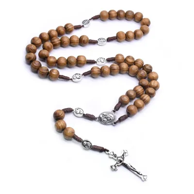 Wood Beads Catholic Rosary with Decade Medals and Braided Cord, Silver Tone Crucifix Prayer Necklace for Daily Religious Wear