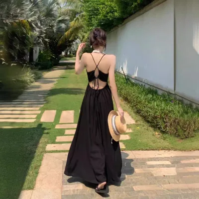 New Summer French Halter-neck Dress Solid Color Beach Dress for Women
