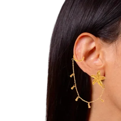 Bohemian Starfish Earrings with Clip Marine Ear Bone Cuffs Nautical Earring with Long Tassel