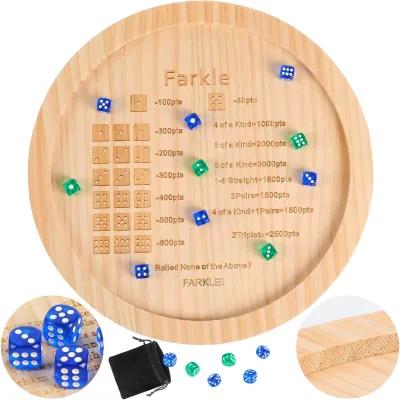 Farkle Classic Dice Game Tray, with Wood Tray of 6 Pearl Dice, Holder for the Classic Family Game
