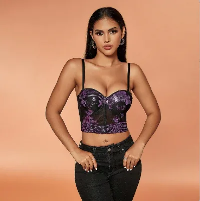D&M Early Summer Sexy Cami Crop Top for Women Black Glamorous Floral Print Contrast Sequin Logo Detail Hot Selling Clothing