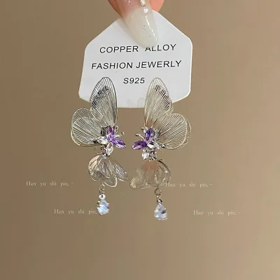 Luxury butterfly Tassel Purple Zircon Long Earrings Fairy French Fashion Purple Zircon Butterfly Stud Earrings