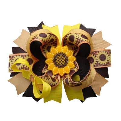 Sunflower Hair Bow Yellow and Brown Sunflowers Hair Clip,6Inch Layered Bow, Attach to Hair Clip Barrette or Headband for Girl