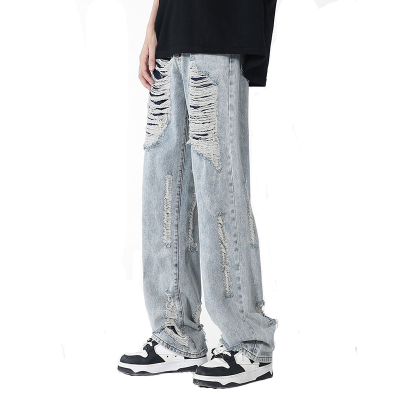 Men's Blue Denim Jeans Distressed Ripped Hole Patchwork Straight Loose Jeans for Men