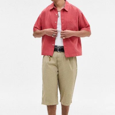 Men's Casual Red Oxford Shirt 100% Cotton Anti-Wrinkle New Oversized Pocket Design Size XL for Summer