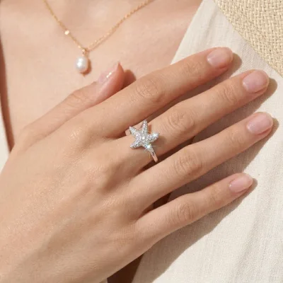 2026 New Summer Beach Trendy 925 Silver Jewelry Accessory Women Ocean Sea Life Starfish Shape Sparkle Iced Out Moissanite Ring