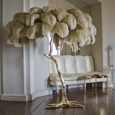 Modern Luxury Palm Tree Shape Brass Stand Ostrich Feather LED Floor Lamp Foot Switch Control