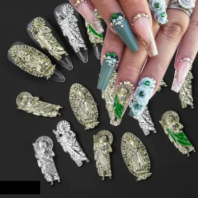 25*10mm 3d Diamond Metal Nail Rhinestones for Nails Alloy Jewelry Charm Virgin Mary Nail Art Charms