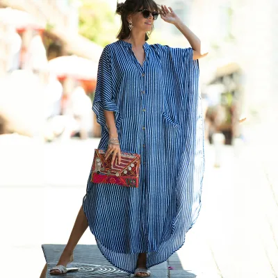 Wholesale 2026 Summer Fashion Women's Sunscreen Beach Holiday Elegant Bohemian Maxi V-neck Polyester/Cotton Plus Size Dress