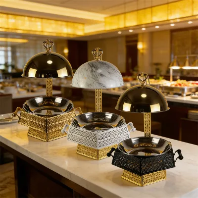 Stainless Steel Commercial Buffet Stove Soup Pot Electric Alcohol-Insulated Dry Pot 8L Hanging Lid Deluxe Gold Finish Modern