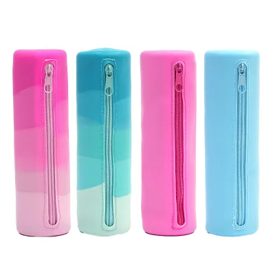 Wholesale Custom Large Capacity Cartoon Gradient Ramp Silicone Pencil Bag Simple Zipper Pen Case for School Kids and Girls