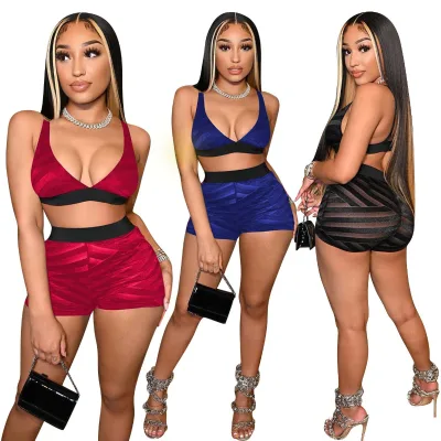 Sexy Mesh Two Piece Set Women Shorts Set See Through Bikini Bra Top and Shorts